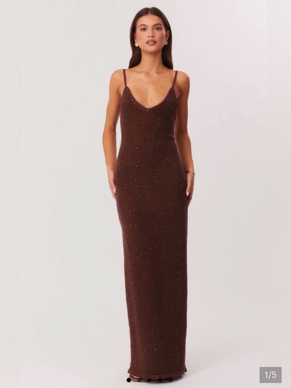 Brown Sparkle Maxi Slip Dress with V-Neck